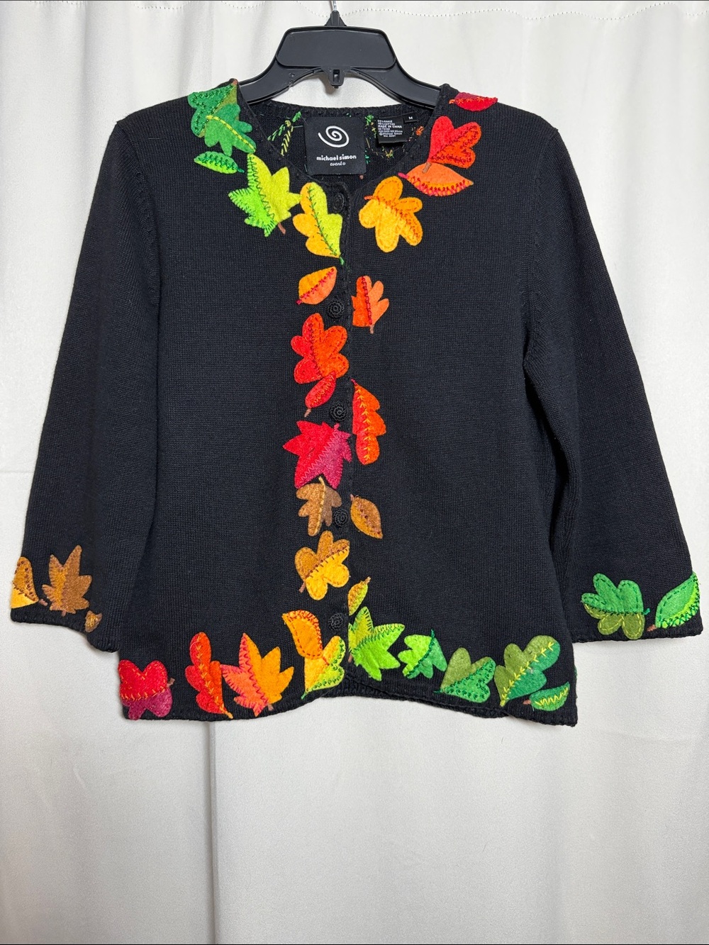 VTG 2001 Michael Simon Fall Leaf Sweater Cardigan 3/4 Length Sleeve Black m